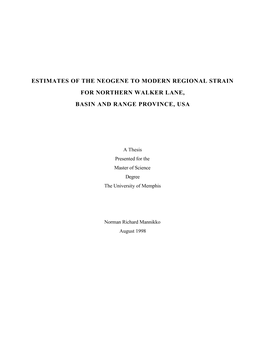 Estimates of the Neogene to Modern Regional Strain for Northern Walker Lane, Basin and Range Province, Usa