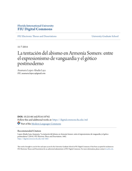 La Tentación Del Abismo En Armonía Somers: Entre El Expresionismo De Vanguardia Y El Gótico Postmoderno Anamaria Lopez-Abadia Laya FIU, Anamaria.Lopez.A@Gmail.Com