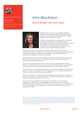 Ailie Macadam INFRASTRUCTURE MINING & METALS General Manager, Asia Pacific Region NUCLEAR, SECURITY & ENVIRONMENTAL