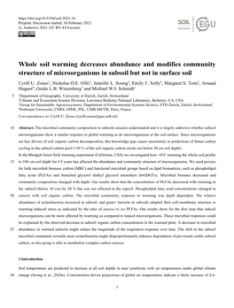 Whole Soil Warming Decreases Abundance and Modifies Community Structure of Microorganisms in Subsoil but Not in Surface Soil Cyrill U