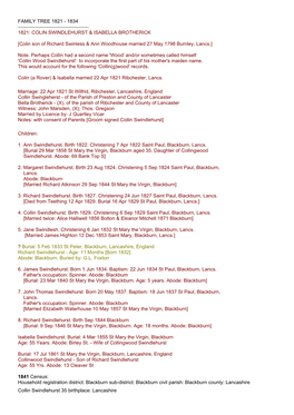 Family Tree 1821 - 1834 ------1821: Colin Swindlehurst & Isabella Brotherick