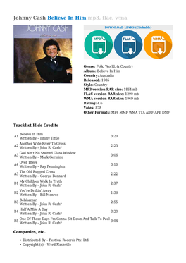 Johnny Cash Believe in Him Mp3, Flac, Wma