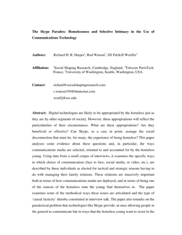 The Skype Paradox: Homelessness and Selective Intimacy in the Use of Communications Technology