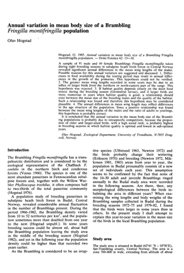 Annual Variation in Mean Body Size of a Brambling Fringilla Montifringilla Population