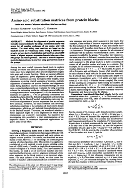 Amino Acid Substitution Matrices from Protein Blocks (Amino Add Sequence/Alignment Algorithms/Data Base Srching) STEVEN HENIKOFF* and JORJA G