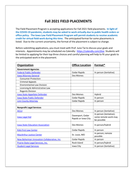 Fall 2021 FIELD PLACEMENTS