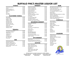 Buffalo Phil's Master Liquor List