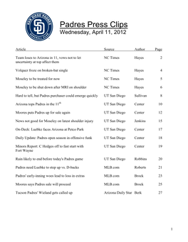 Padres Press Clips Wednesday, April 11, 2012