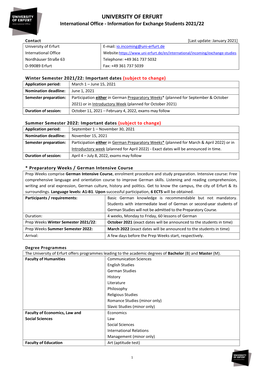 UNIVERSITY of ERFURT International Office - Information for Exchange Students 2021/22