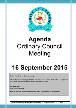 Agenda Ordinary Council Meeting 16 September 2015