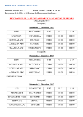 Membres Présents MM : HANCHI Driss – DEKKICHE Ali Programme De La 03,04 Et 05 Journée Du Championnat Des Jeunes