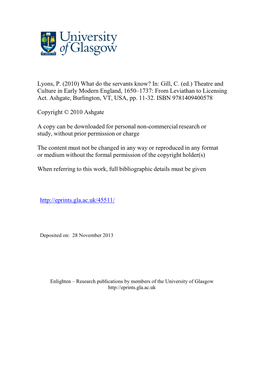 What Do the Servants Know? In: Gill, C. (Ed.) Theatre and Culture in Early Modern England, 1650–1737: from Leviathan to Licensing Act