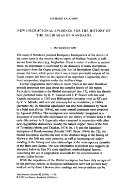 NEW INSCRIPTIONAL EVIDENCE for the HISTORY of the AULIKARAS of MANDASOR the Town of Mandasor (Ancient Dagapura), Headquarters Of