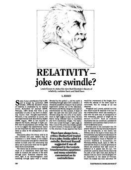 RELATIVITY- Joke Or Swindle? Louis Essen Re-States His View That Einstein's Theory of Relativity Contains Basic and Fatal Flaws L