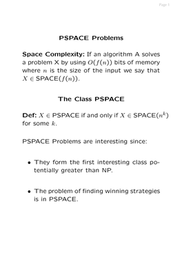 PSPACE Problems Space Complexity
