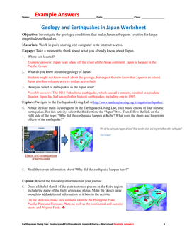 Geology and Earthquakes in Japan Worksheet Example Answers