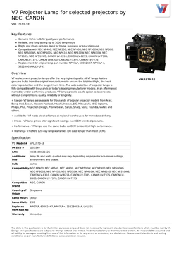 V7 Projector Lamp for Selected Projectors by NEC, CANON VPL1970-1E