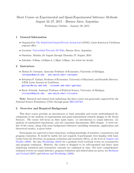 Short Course on Experimental and Quasi-Experimental Inference Methods August 24–27, 2015 – Buenos Aires, Argentina Preliminary Outline – January 28, 2015