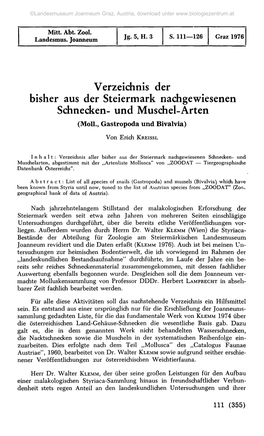 Verzeichnis Der Bisher Aus Der Steiermark Nachgewiesenen Schnecken- Und Muschel-Arten (Moll., Gastropoda Und Bivalvia)