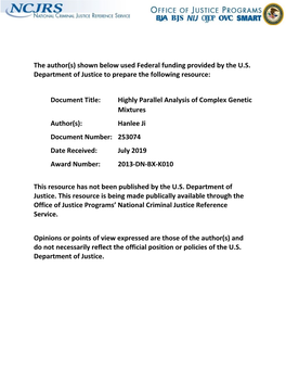 Highly Parallel Analysis of Complex Genetic Mixtures Author(S): Hanlee Ji Document Number: 253074 Date Received: July 2019 Award Number: 2013-DN-BX-K010