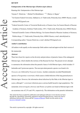 Endoparasites of the Siberian Tiger (Panthera Tigris Altaica)