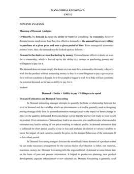 MANAGERIAL ECONOMICS UNIT-2 DEMAND ANALYSIS Meaning Of