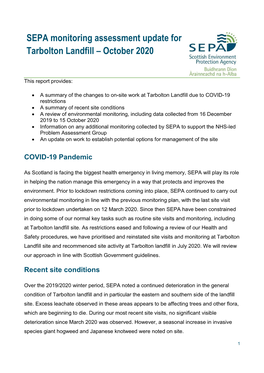 SEPA Monitoring Assessment Update for Tarbolton Landfill – October 2020