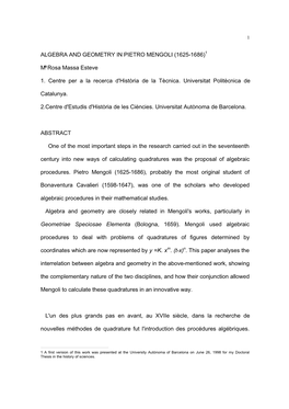 Algebra and Geometry in Pietro Mengoli (1625-1686)1