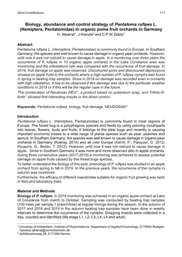 Biology, Abundance and Control Strategy of Pentatoma Rufipes L