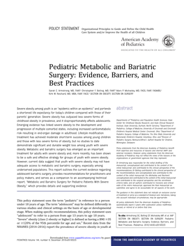 Pediatric Metabolic and Bariatric Surgery: Evidence, Barriers, and Best Practices Sarah C