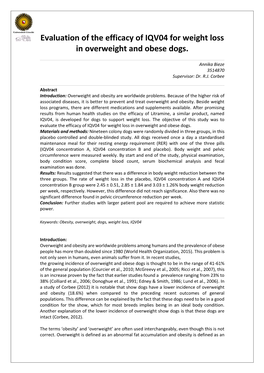 Evaluation of the Efficacy of IQV04 for Weight Loss in Overweight and Obese Dogs