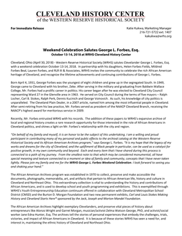 Weekend Celebration Salutes George L. Forbes, Esq. October 13-14, 2018 at WRHS Cleveland History Center