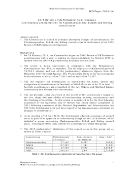 BCS Paper 2016/16 2018 Review of UK Parliament Constituencies Constituency Considerations for Clackmannanshire, Falkirk and Stir