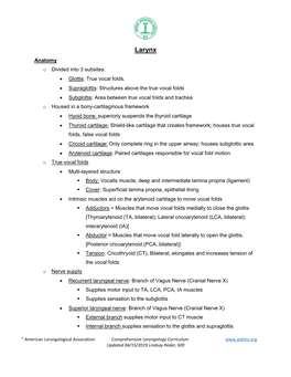Larynx Anatomy O Divided Into 3 Subsites:  Glottis: True Vocal Folds