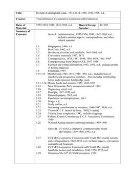 Gwladys Cunningham Fonds, 1933-1934, 1940, 1942-1968, N.D
