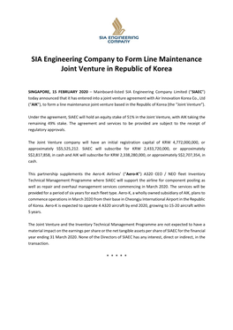 SIA Engineering Company to Form Line Maintenance Joint Venture in Republic of Korea