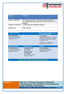 III (Classical Thermodynamics, Non-Equilibrium Thermodynamics, Surface Chemistry, Fast Kinetics) Module No and Title 4, Isothermal and Adiabatic Expansion