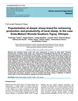 Popularization of Dorper Sheep Breed for Enhancing Production and Productivity of Local Sheep: in the Case Enda-Mekoni Woreda Southern Tigray, Ethiopia