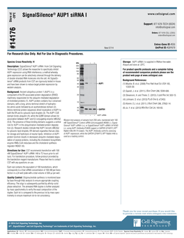 Signalsilence® AUP1 Sirna I - 20ºC Store at Support: 877-678-TECH (8324) Info@Cellsignal.Com