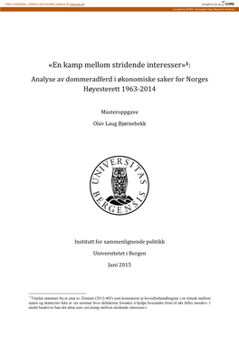 «En Kamp Mellom Stridende Interesser»1: Analyse Av Dommeradferd I Økonomiske Saker for Norges Høyesterett 1963-2014