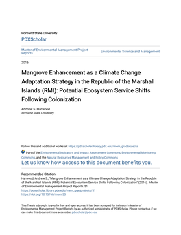 Mangrove Enhancement As a Climate Change Adaptation Strategy in the Republic of the Marshall Islands (RMI): Potential Ecosystem Service Shifts Following Colonization