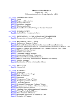 Minnesota Rules of Evidence Effective July 1, 1977 with Amendments Effective Through September 1, 2006