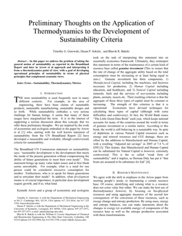 Preliminary Thoughts on the Application of Thermodynamics to the Development of Sustainability Criteria