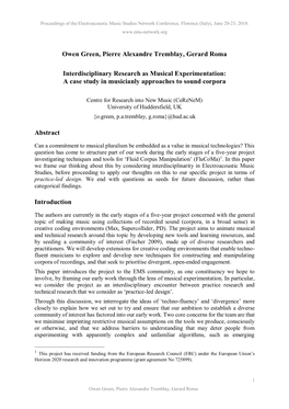 Interdisciplinary Research As Musical Experimentation: a Case Study in Musicianly Approaches to Sound Corpora