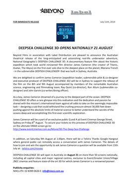 Deepsea Challenge 3D Opens Nationally 21 August