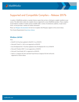 Supported and Compatible Compilers – Release 2017B