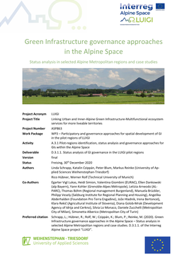 Green Infrastructure Governance Approaches in the Alpine Space Status Analysis in Selected Alpine Metropolitan Regions and Case Studies