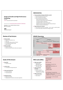 Administrivia Review of Last Lecture DPHPC Overview Goals of This