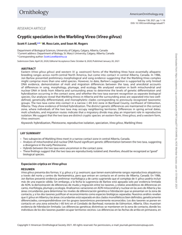 Cryptic Speciation in the Warbling Vireo (Vireo Gilvus) Scott F