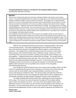 Through Individualistic Criticisms: the Need for the Canadian Welfare System Sarah Stanley, Memorial University